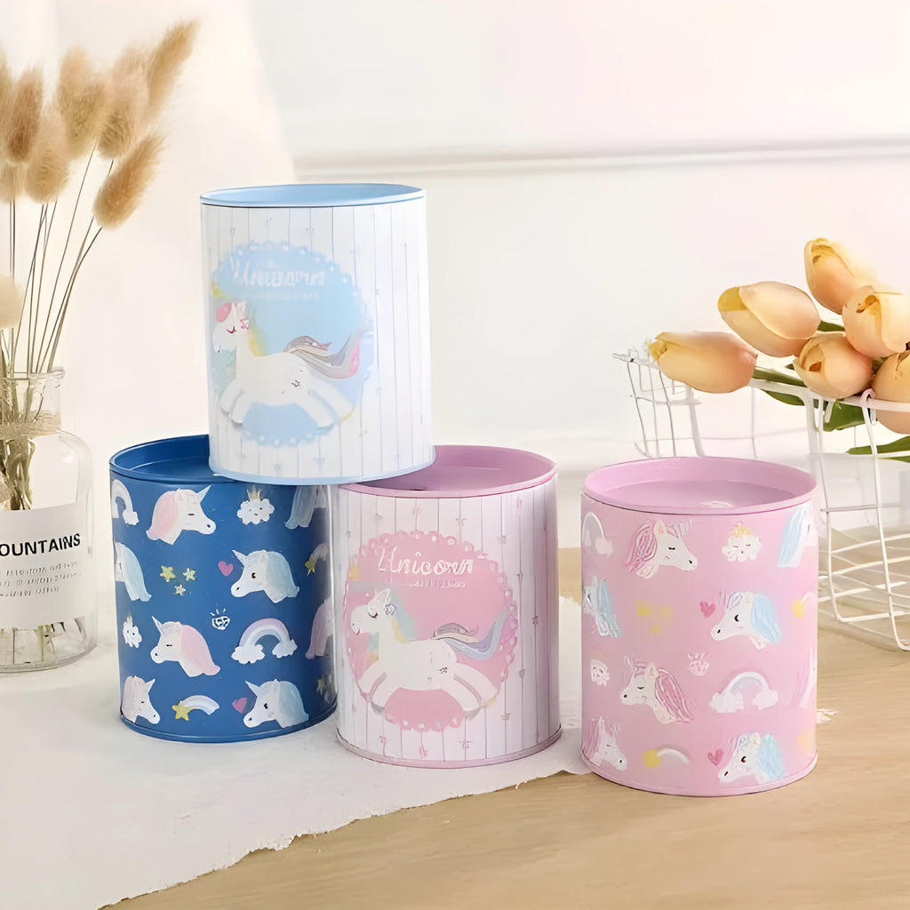 Rectangular metal piggy bank savings box with coin slot, 85mm wide by 102mm high.