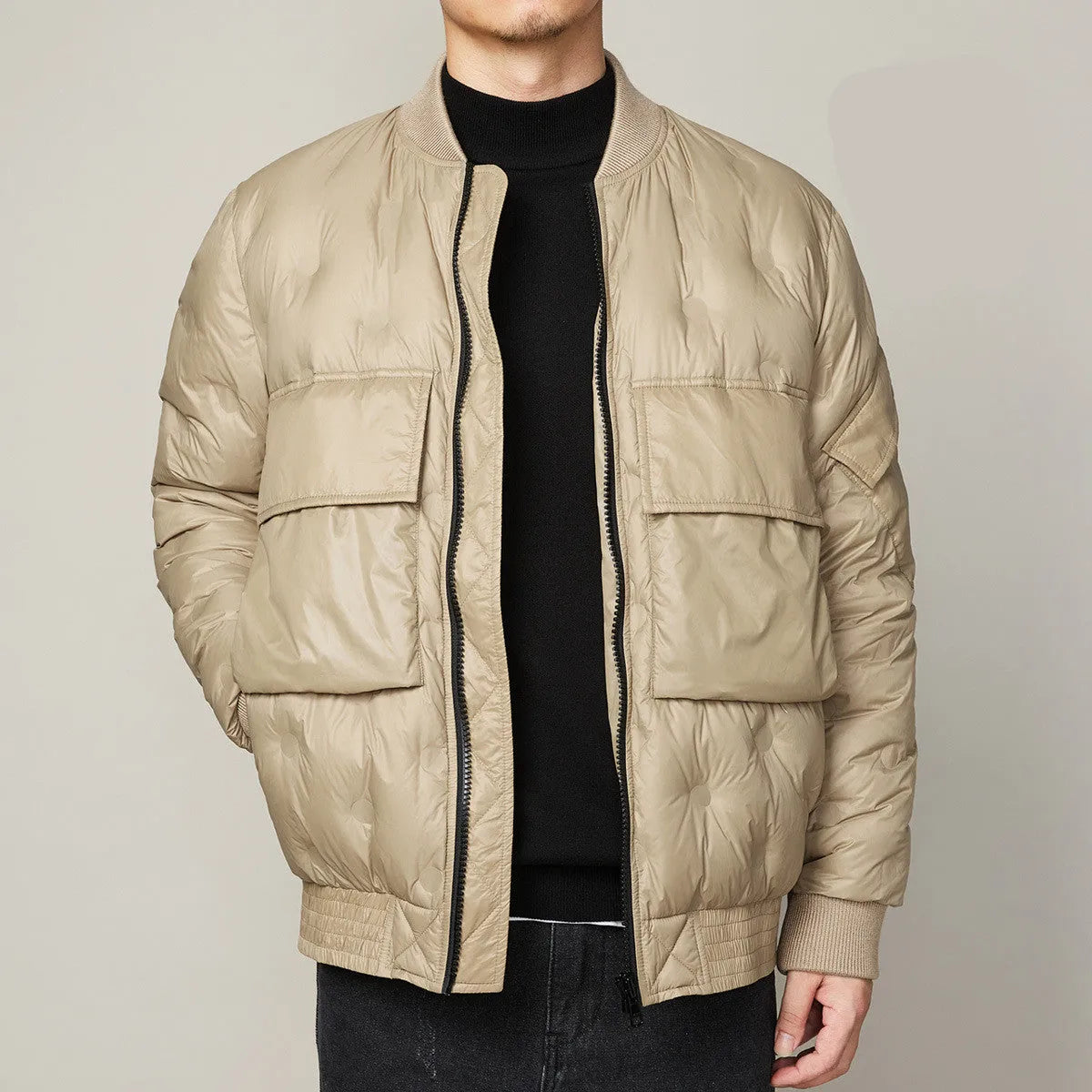 Men's winter baseball collar light down jacket in black, gray duck down, stand-up collar, zip placket