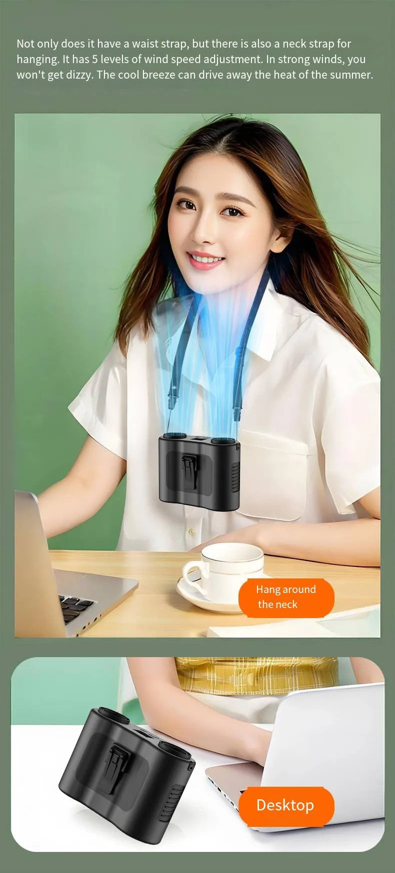 Grey waist-hung personal fan with waist buckle and lanyard, showing five-blade turbine design.
