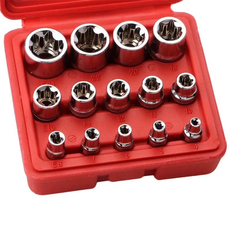 Red box containing 14-piece chrome vanadium steel E-type socket tool set for repair work