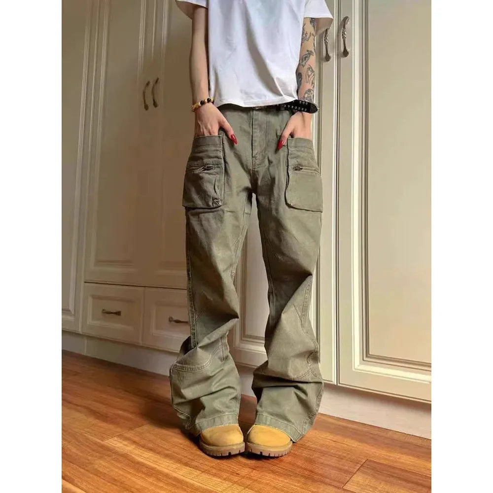 Green and black double zipper cotton casual pants with pockets in mid-waist workwear style