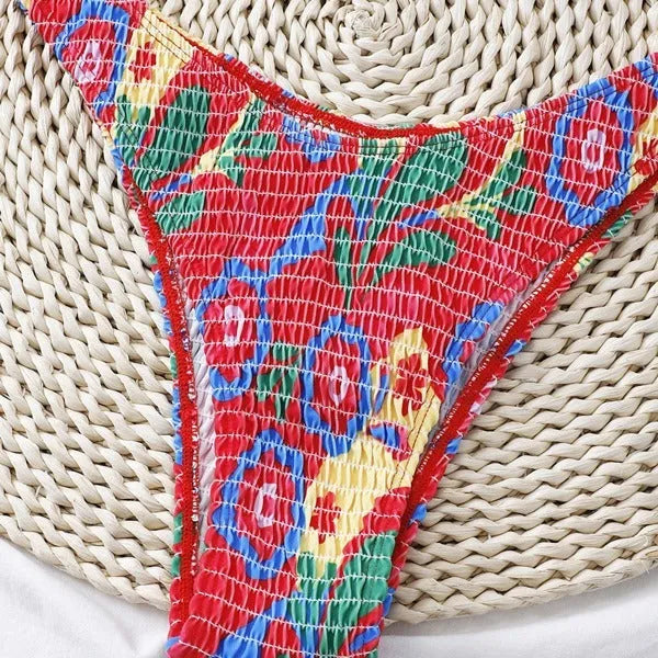 Red floral pattern women's underwire triangle bikini with briefs bottoms