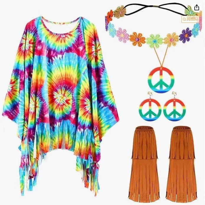Colourful tie-dye sleeveless cloak costume with bell sleeves on a mannequin.