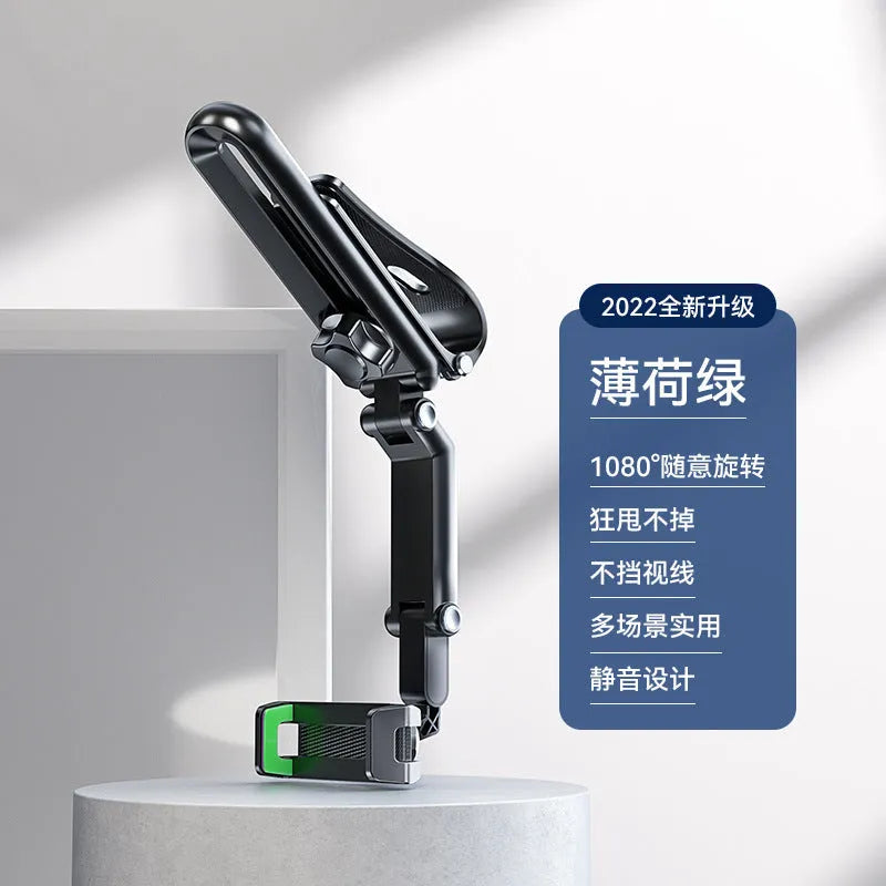 Car mobile phone holder bracket with clip for dashboard or windscreen mounting in black and green colour