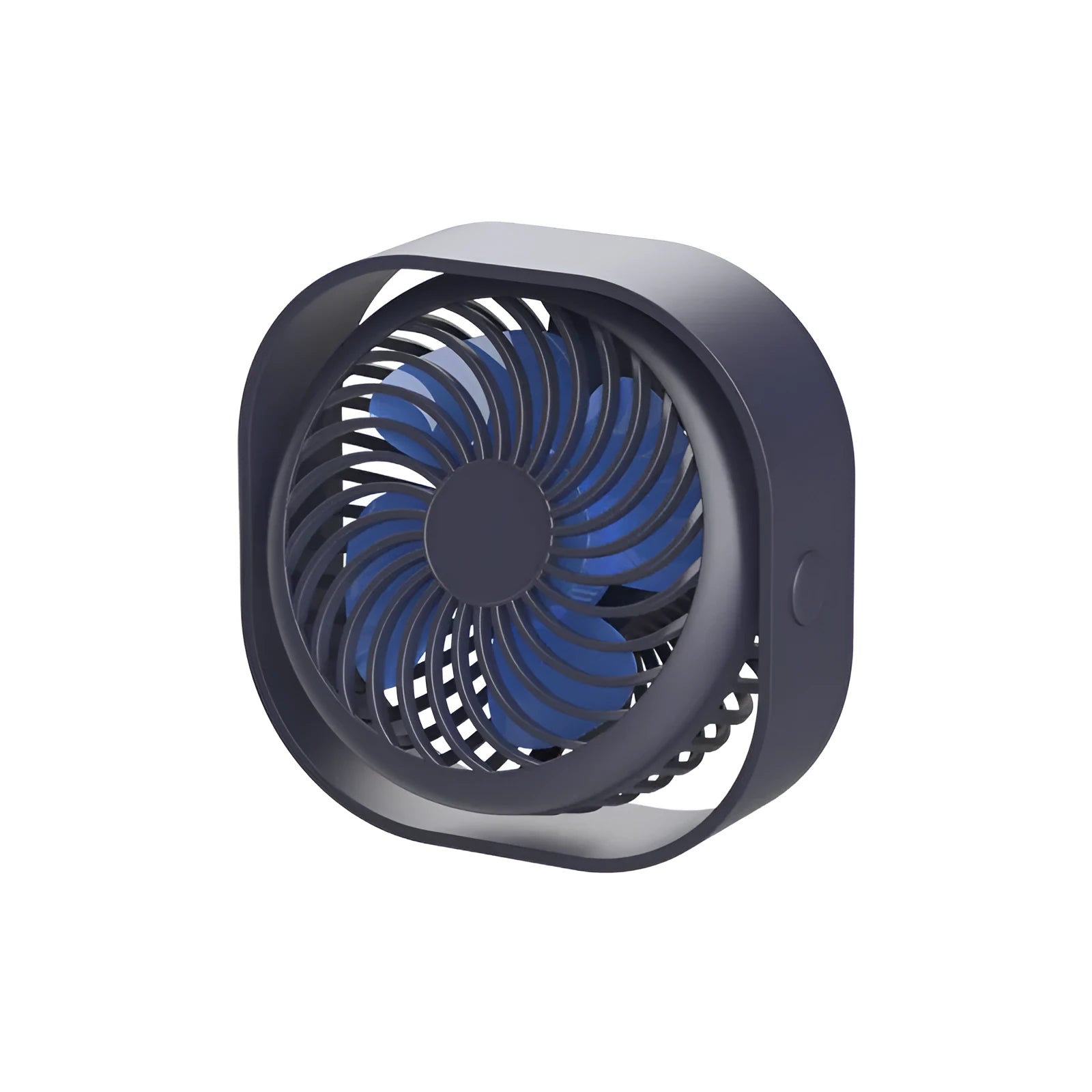A small, modern USB desk fan in blue with a rotating head on a white desk.