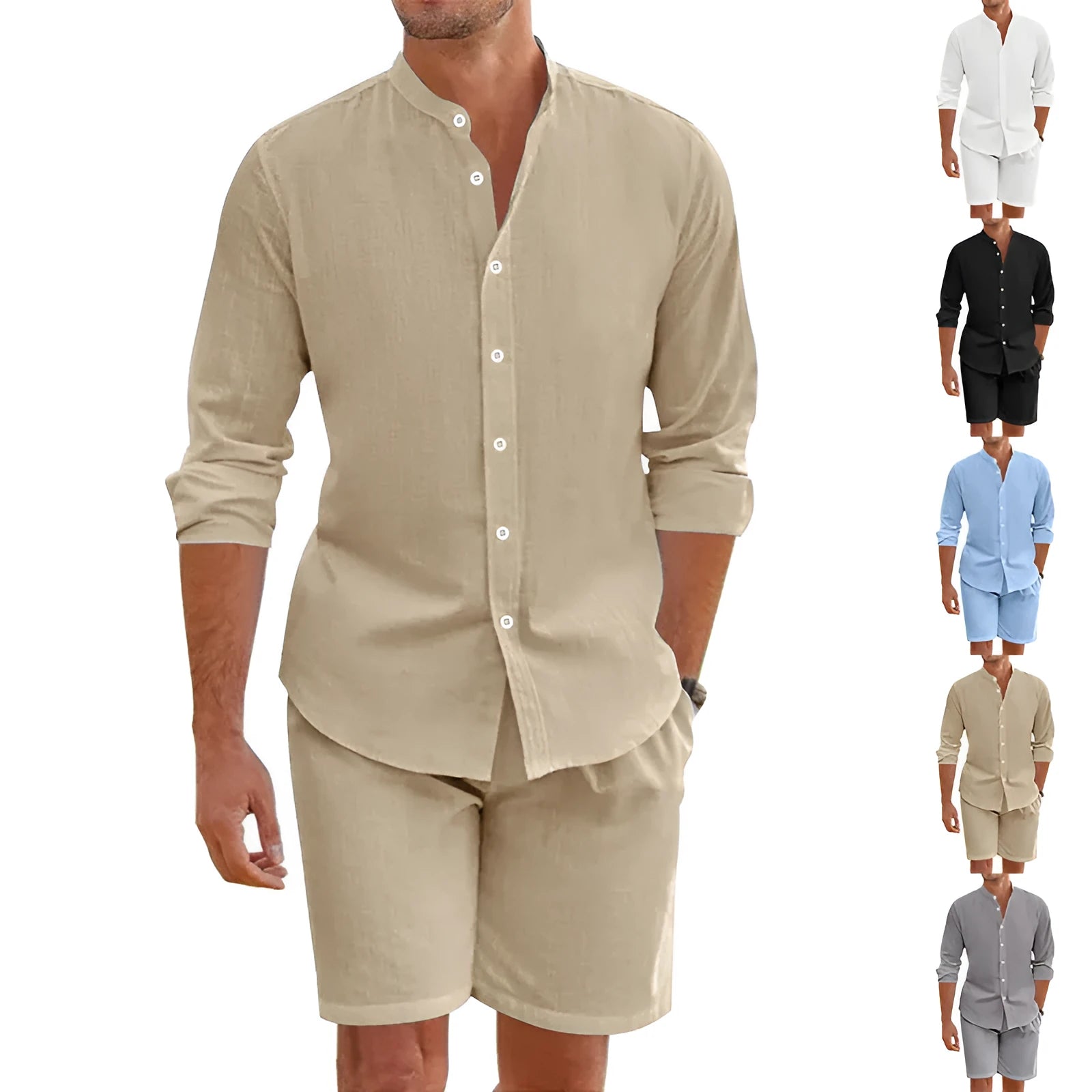 Men's dark grey linen blend summer suit with button-down short sleeve shirt and drawstring shorts.
