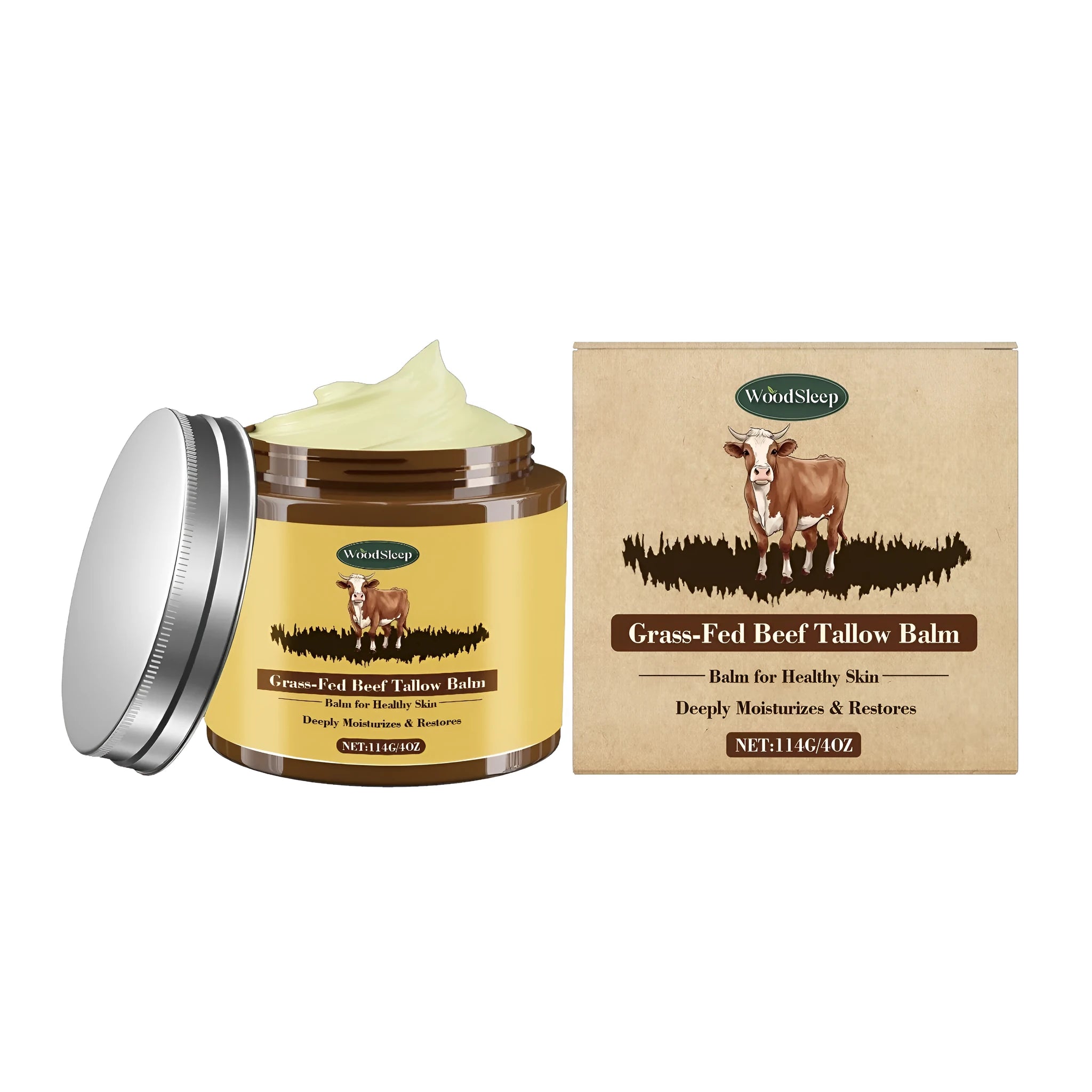 Cow fat skin care cream jar with natural ingredients including tallow honey and olive oil