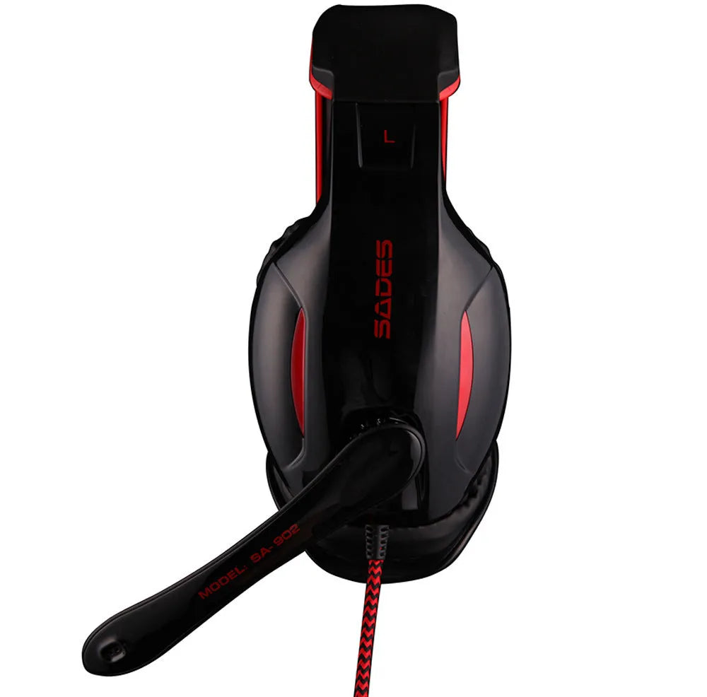 Black SADES SA 902 Hero Alliance wired USB gaming headset for PC with over-ear cups and LED lights.