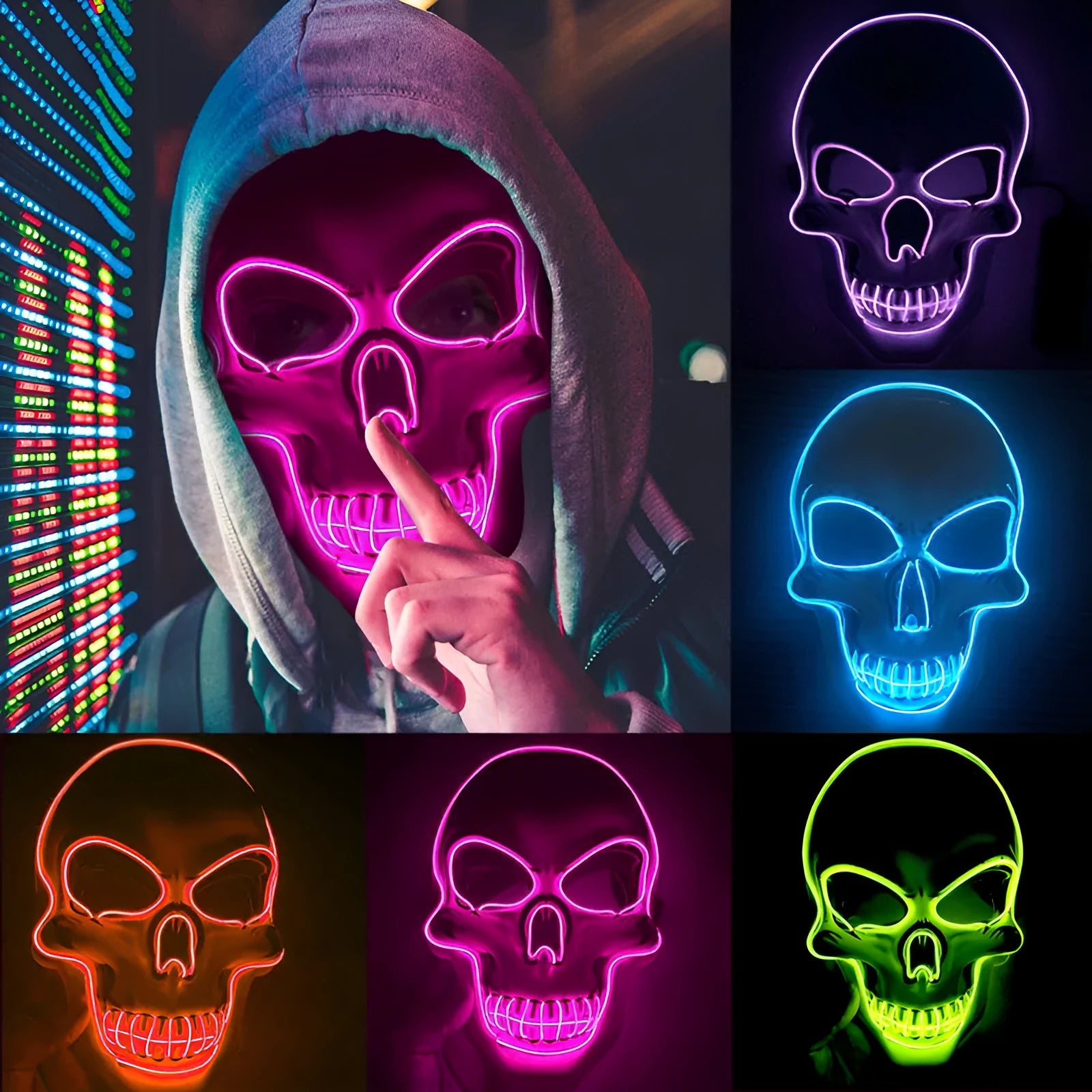 Halloween LED skeleton mask glowing in a dark room with four light modes and visible eye nose mouth cutouts