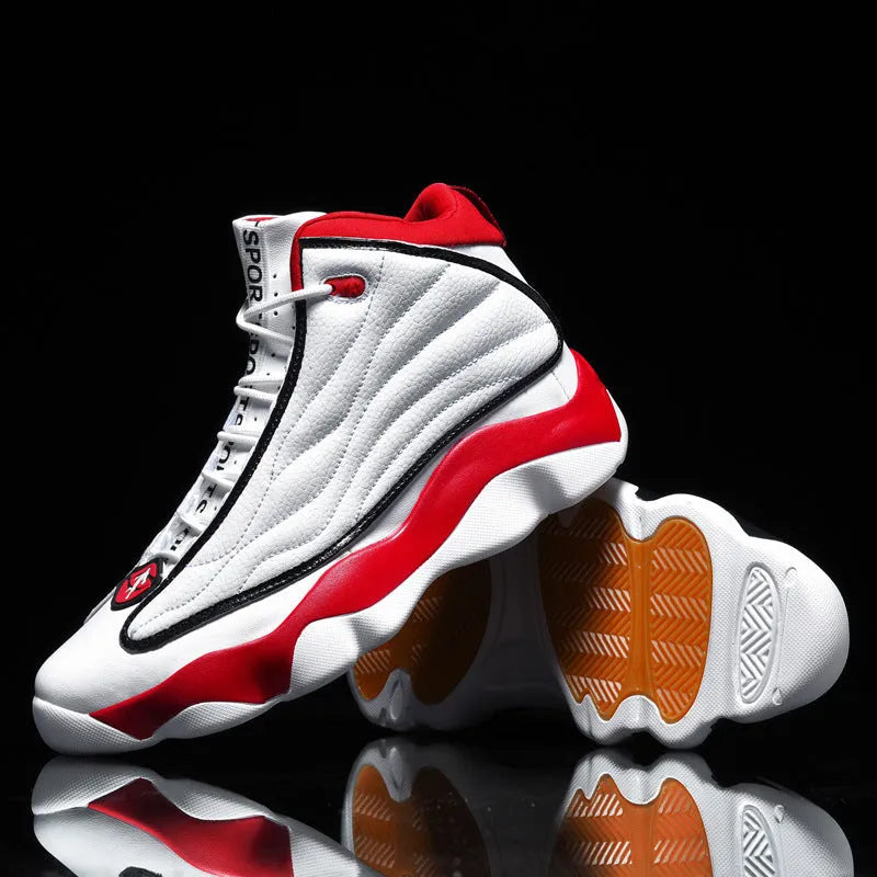 Men's high-top basketball shoes in AJ13 white red colourway with thick rubber sole and mesh upper.