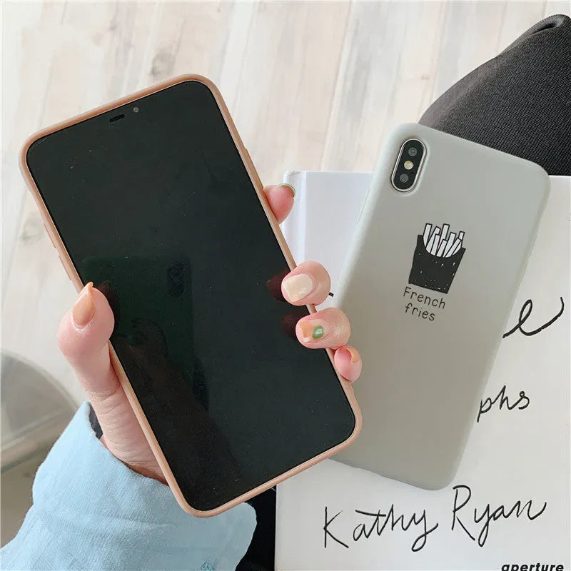 Soft matte silicone iPhone case with cute coffee and fries couple design pattern.