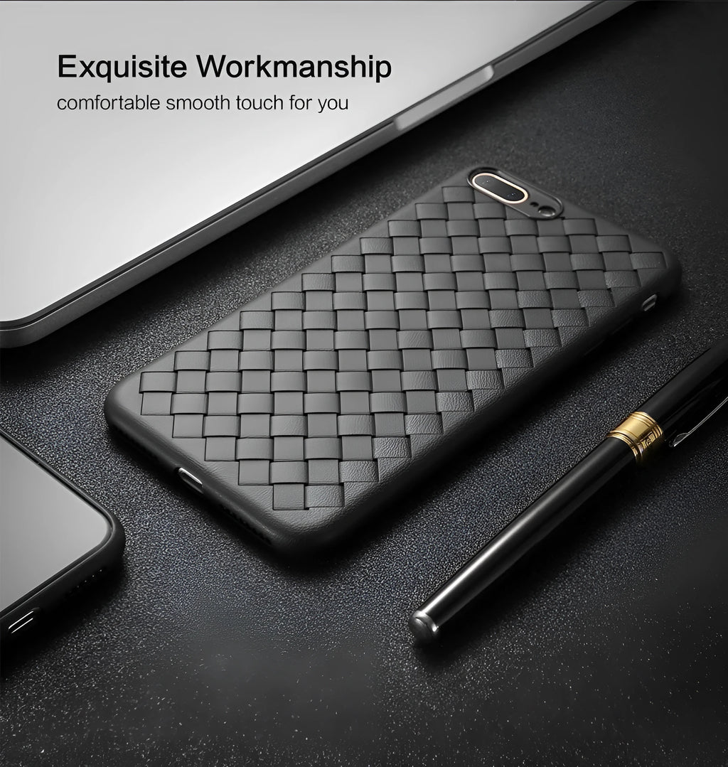 Black grid weave patterned TPU phone case for iPhone showing raised screen edge and precise camera cutout.