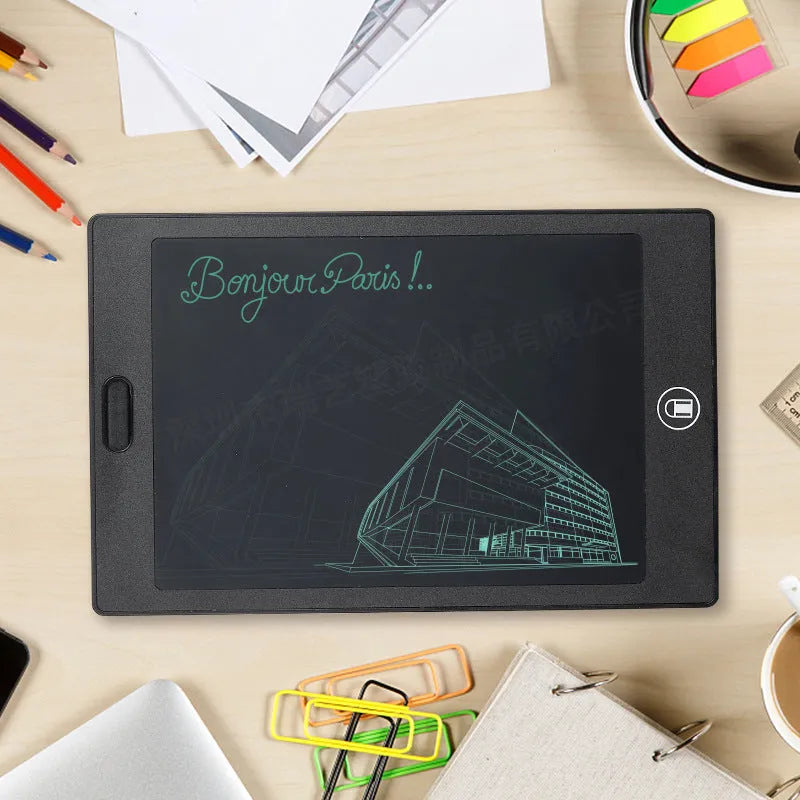 LCD sketchpad tablet with 8.5 inch screen, special writing pen, and ABS frame on a desk