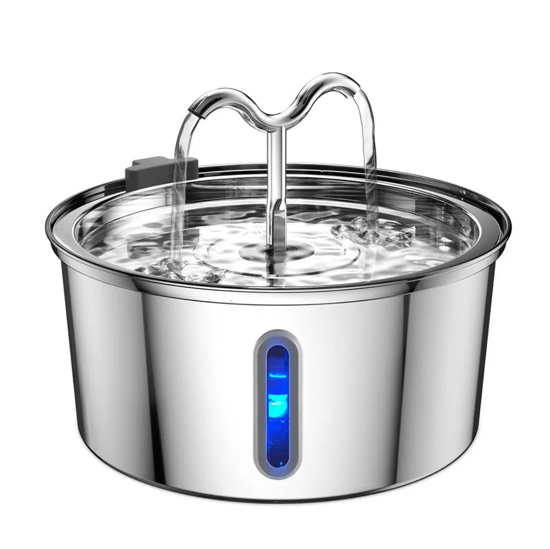 Stainless steel round pet water dispenser with large reservoir and selectable faucet attachment