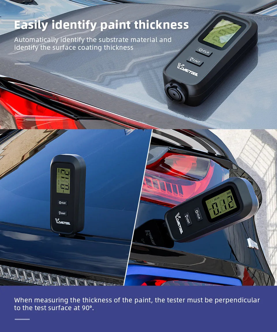 Black plastic automotive paint coating thickness gauge on white background