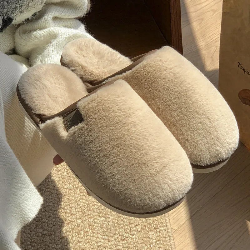A pair of solid-colour winter plush slippers with a non-slip PVC sole, shown in a selection of available colours.