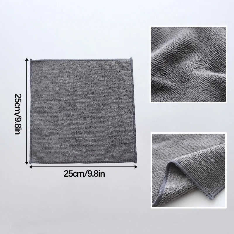 Grey square microfiber kitchen cleaning cloth for oilproof, lint-free drying of pots and bowls.