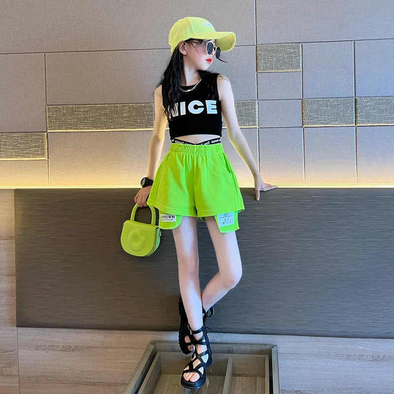 Girls casual cotton shorts and vest two-piece set in black top and green pants, pullover style