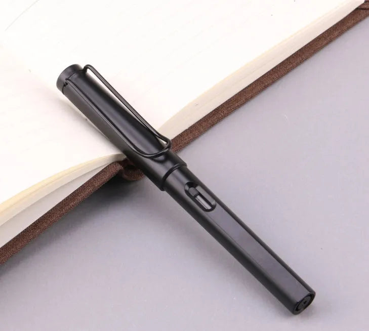 Black and blue frosted plastic fountain pen with 0.5mm and 0.38mm nib options shown.