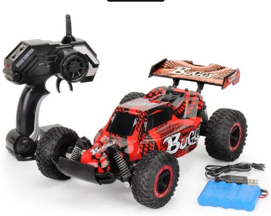 Blue and yellow 1:18 scale high-speed RC drift car with 2.4GHz remote control on an off-road surface