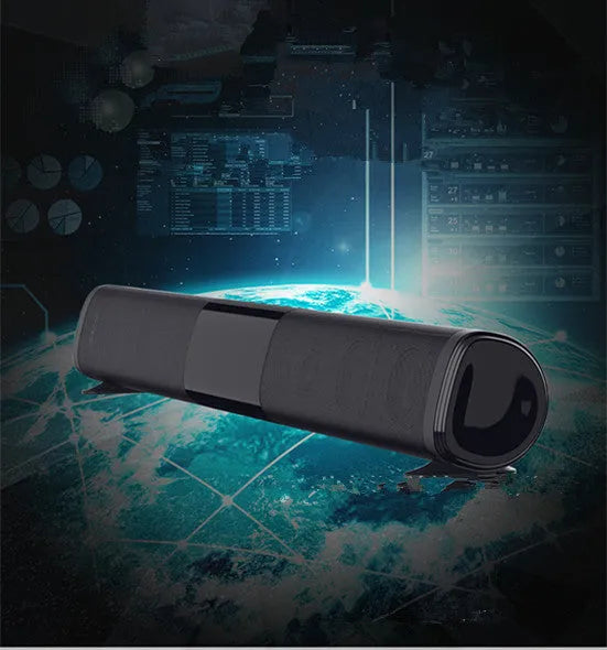 Black Bluetooth sound bar speaker measuring 58.5cm long with four speakers and button controls