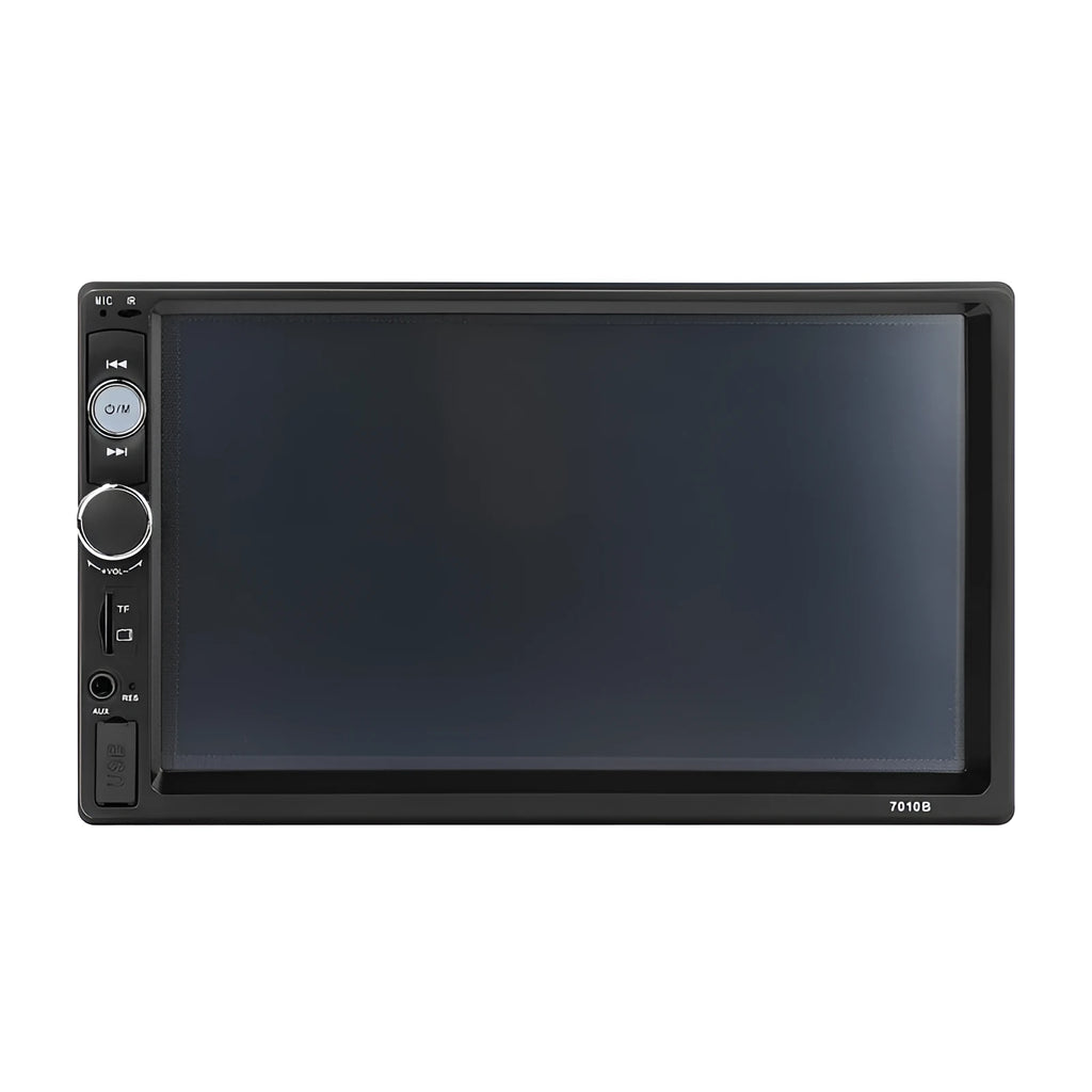 Car MP5 player with 7-inch LCD screen and black faceplate showing radio controls and colourful lights