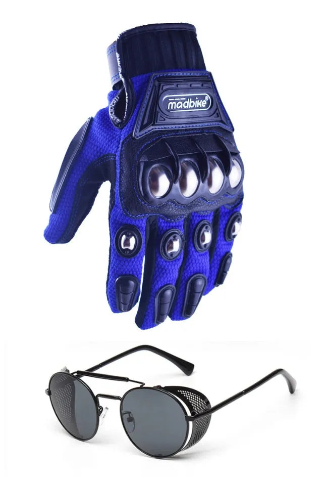 Motorcycle gloves and glasses set in red blue black and fluorescent green with sizes M to XXL