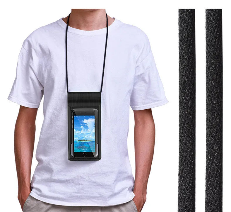 Mobile phone waterproof bag in black with TPU window and synthetic leather edges, 22cm by 10.6cm