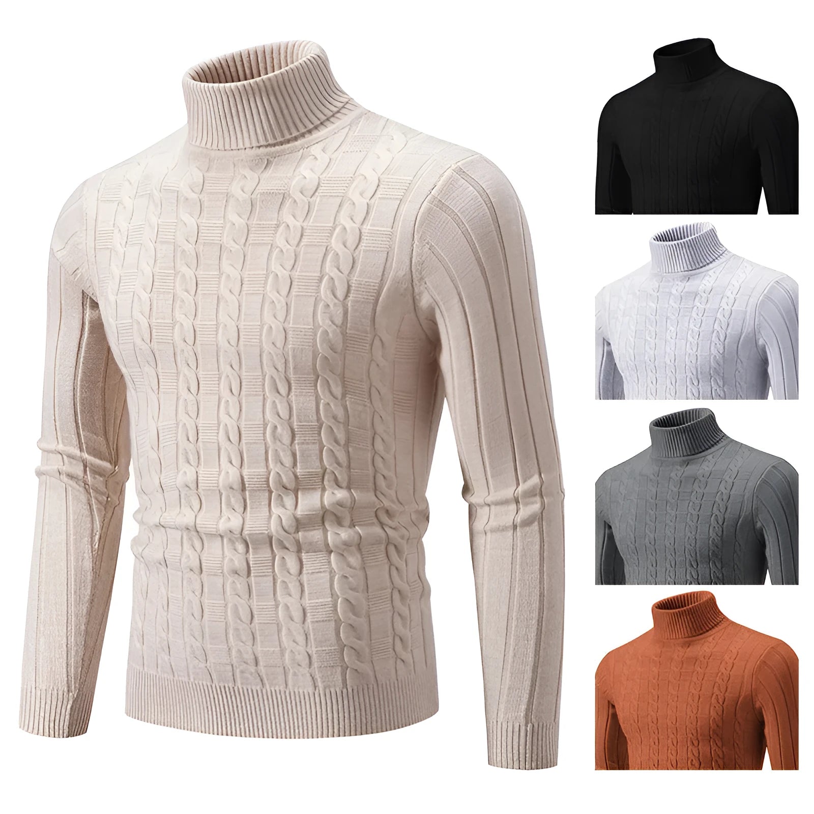 Man wearing a beige slim fit chenille turtleneck pullover jumper.