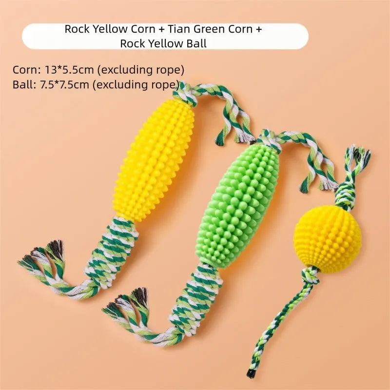 Corn-shaped dog chew toys in yellow and green with rope knots and a yellow ball for small to medium dogs