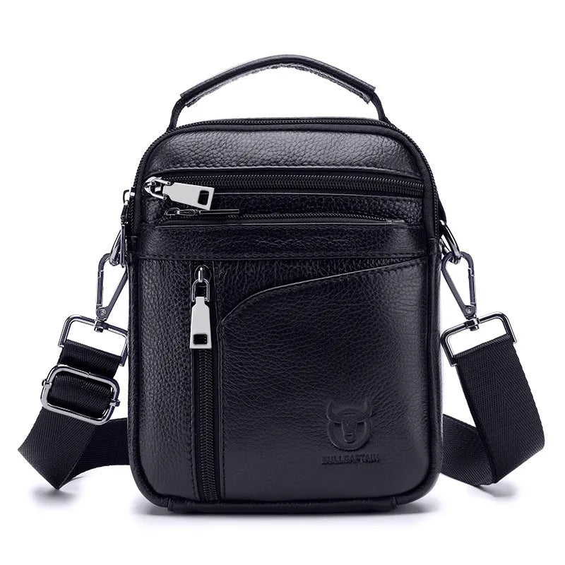 Men's black genuine leather shoulder messenger bag with solid colour finish and retro European American style for leisure travel