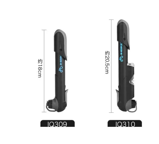 Black bicycle mini pump 18cm with round handle and aluminium alloy valve head on frame bracket