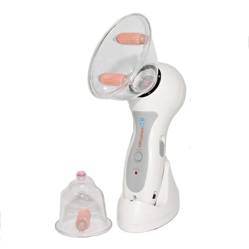 White portable body massage vacuum cans device with two different massaging rollers and AC adapter