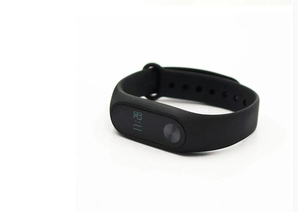 Xiaomi Mi Band 2 black fitness tracker with OLED screen on adjustable wrist strap