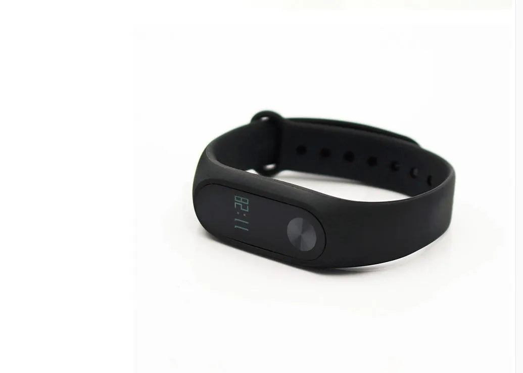 Xiaomi Mi Band 2 black fitness tracker with OLED screen on adjustable wrist strap
