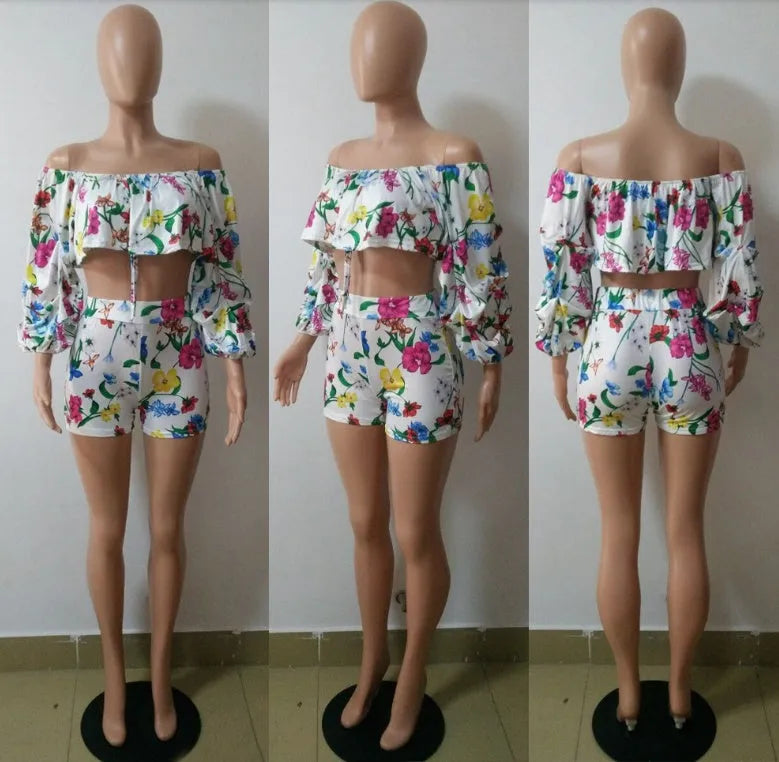 Multicolour digital print two-piece set with a pile sleeve top and matching shorts