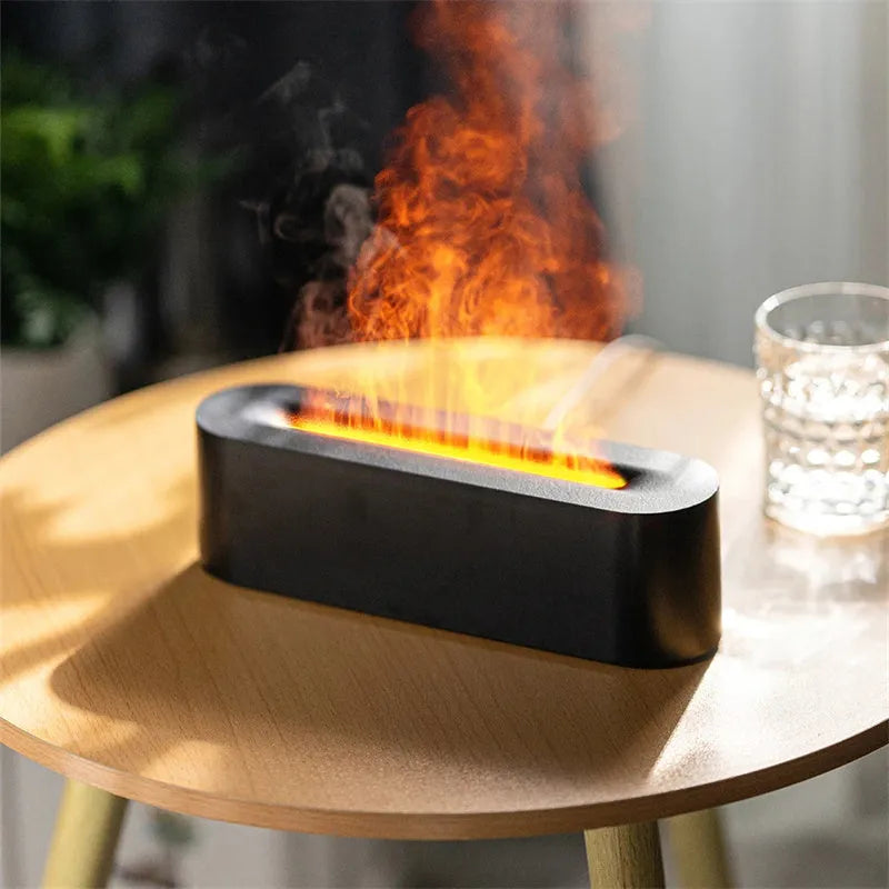 White square DQ709 ultrasonic aroma diffuser with LED flame light effect and cool mist vapour.