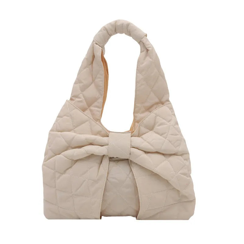 Women's one shoulder handbag in cotton with polyester lining, soft horizontal square shape, zipper change bag, shown in white black khaki pink