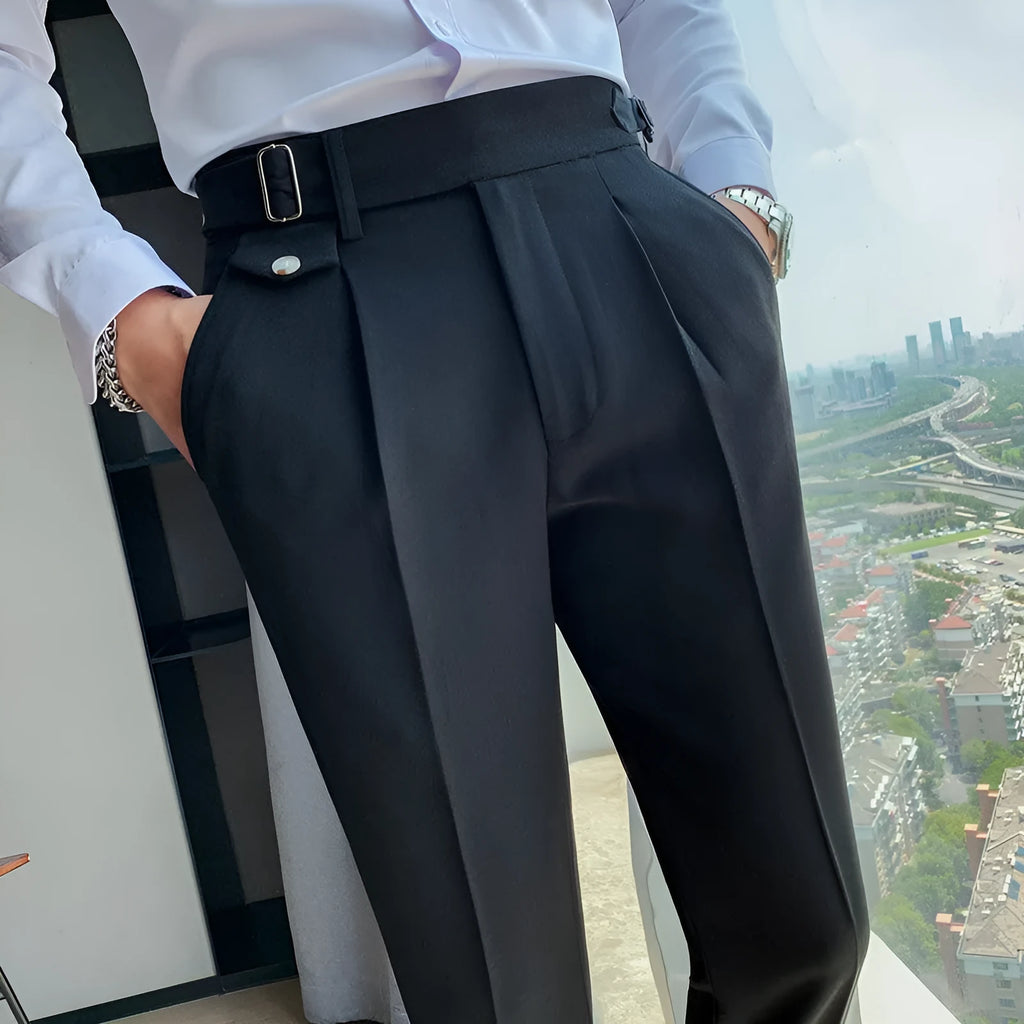 Men's straight-leg casual trousers in solid colours showing waist sizes 29-36 and polyester fabric.