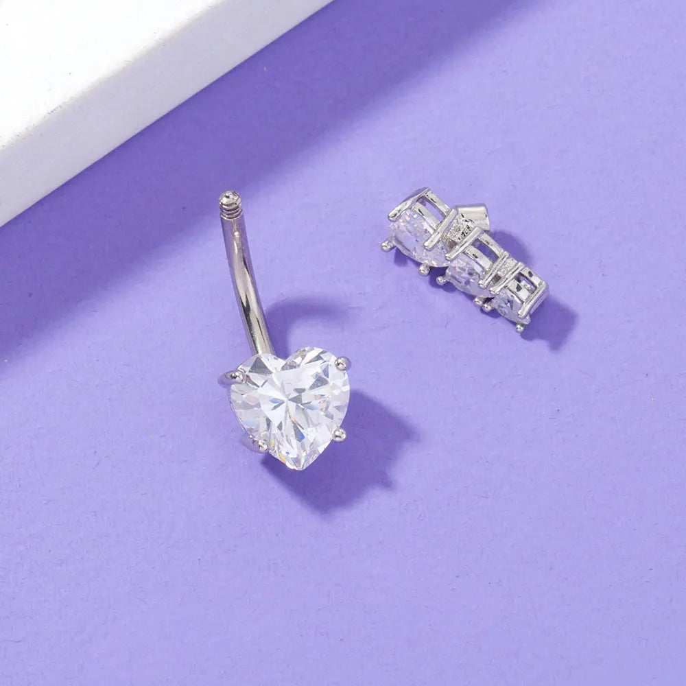 Stainless steel heart-to-heart navel pin on white background, 0.9 cm wide, 2.3 cm tall