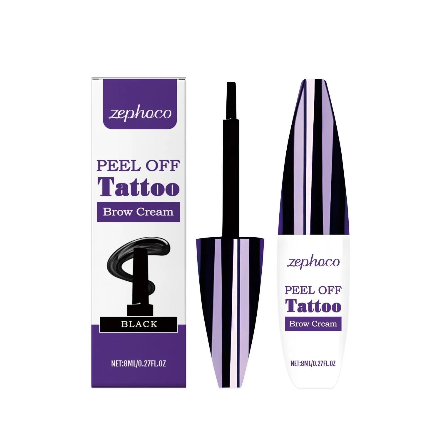 Tearable liquid eyebrow pencil in black, brown, and light brown shades.