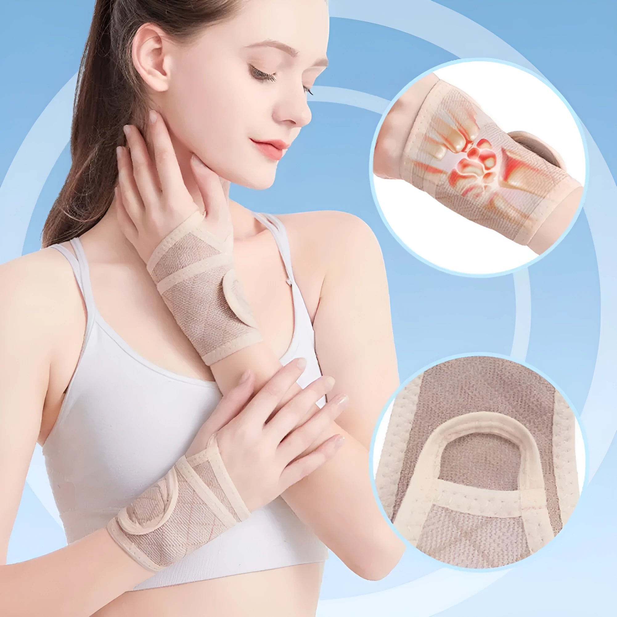 Black adjustable wrist brace for carpal tunnel support with hook-and-loop strap on hand