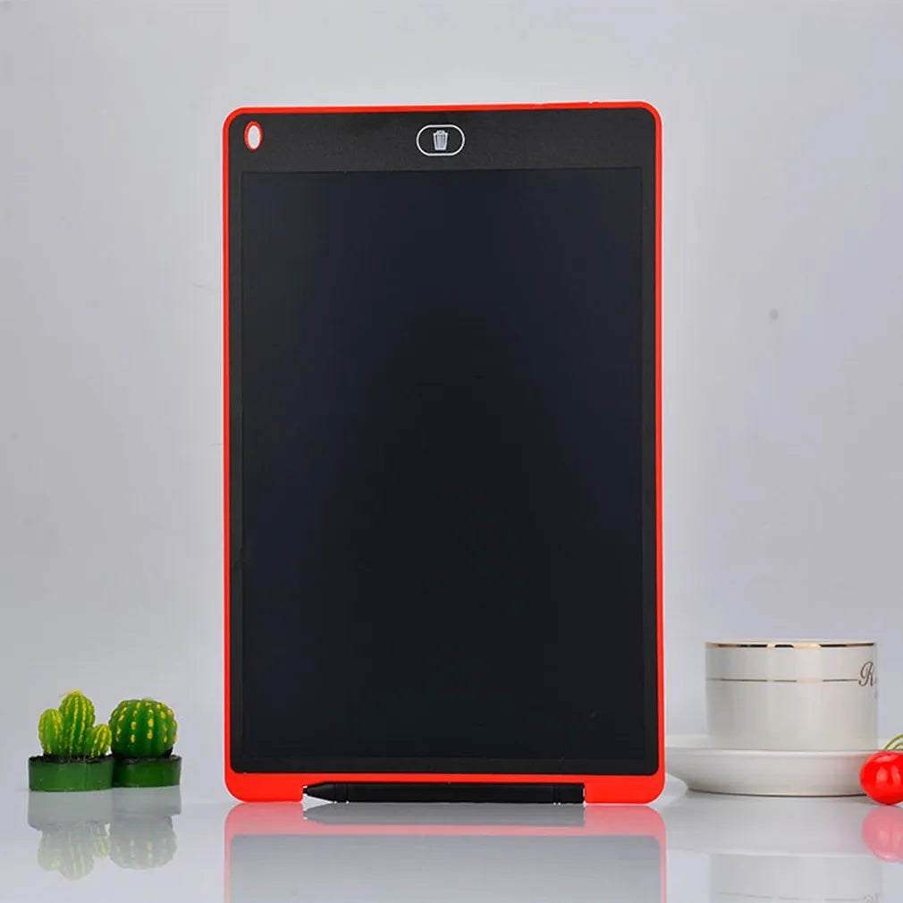 LCD electronic handwriting board for children in blue, showing stylus on screen.