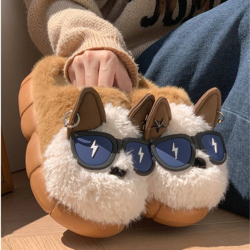 Thick-soled non-slip cotton slippers with plush upper and puppy design in black, white or coffee