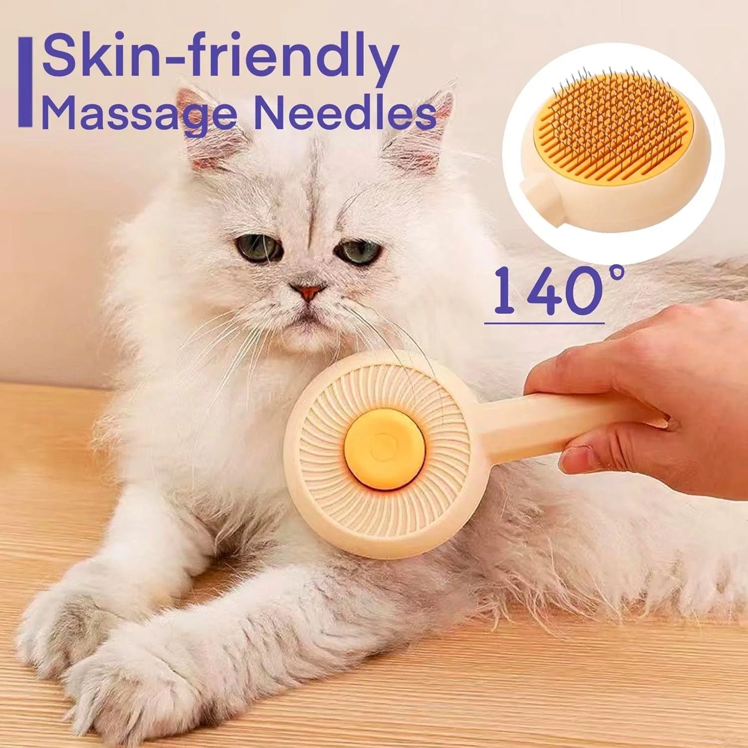 Blue and yellow pet grooming brush with angled metal needles and a self-cleaning button on the handle.