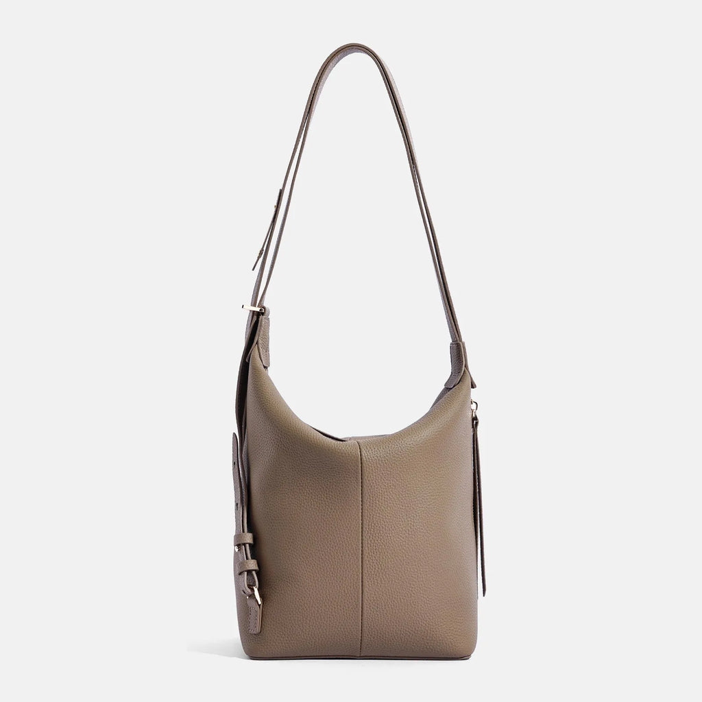 Women's soft genuine leather bucket bag in elephant gray colour showing large capacity design