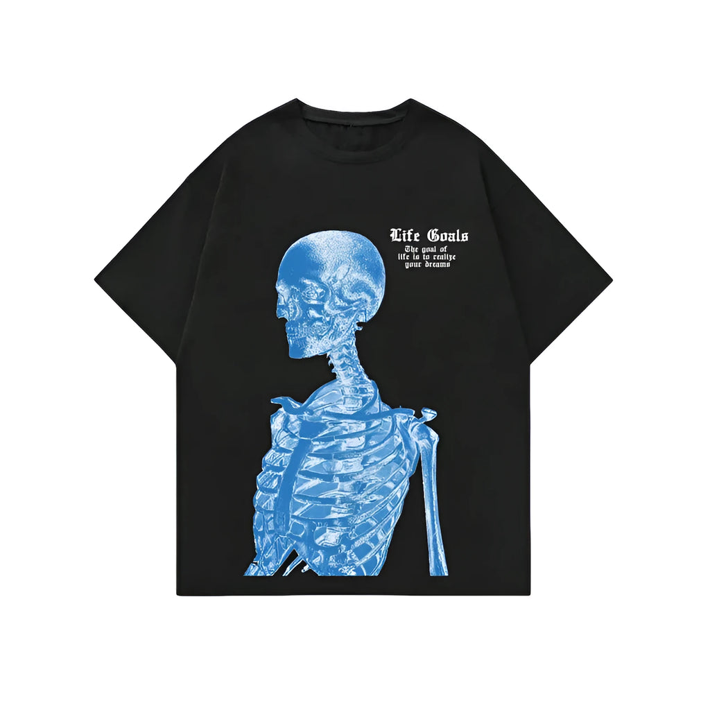 Men's printed short-sleeved street sports T-shirt on a hanger, showing one of the 10 digital print colour styles.