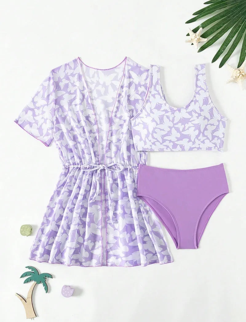 Three piece girls swimsuit set in colour 3218, showing coat, vest and pants.