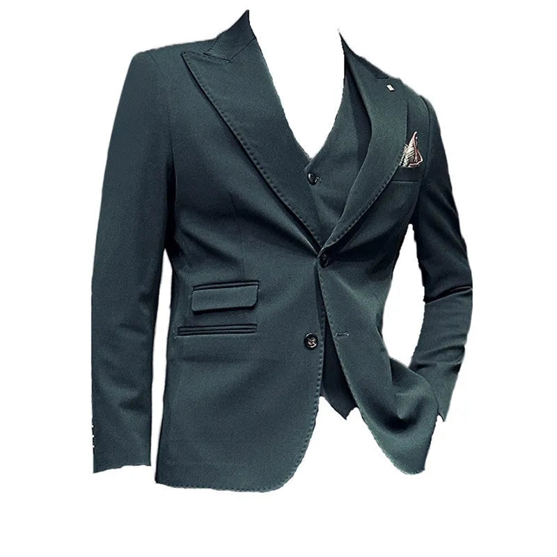 Men's slim fit three-piece corduroy linen blend suit set with coat, vest, and trousers in caramel