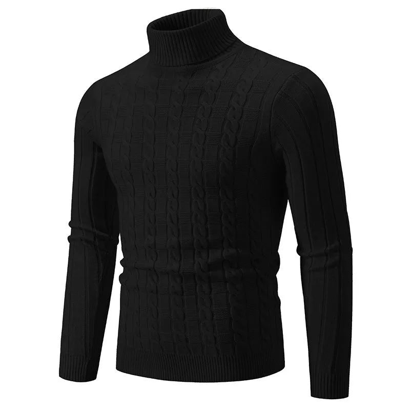 Man wearing a beige slim fit chenille turtleneck pullover jumper.